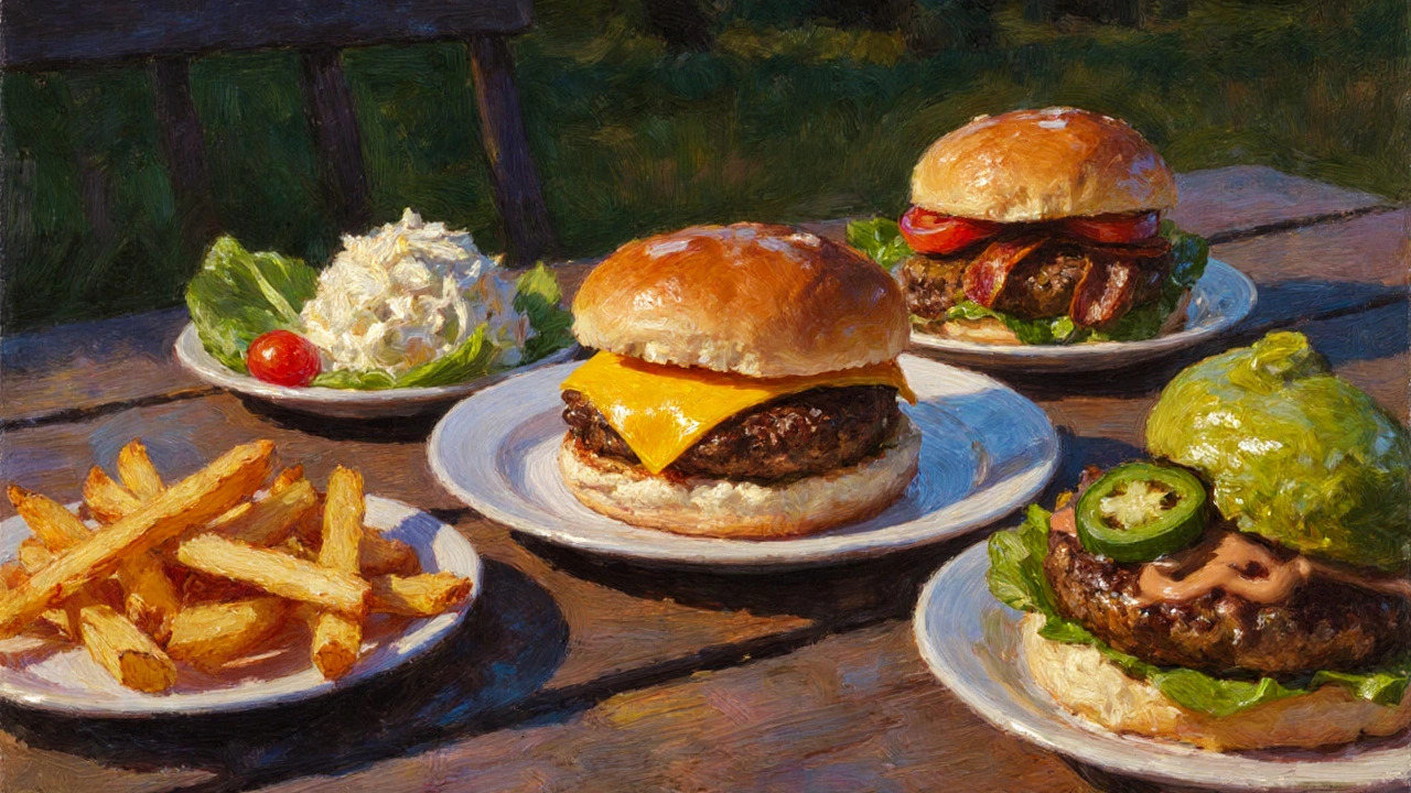 Backyard dinner with a cheeseburger, fries, coleslaw, salad, and variations like bacon‑cheddar and avocado.