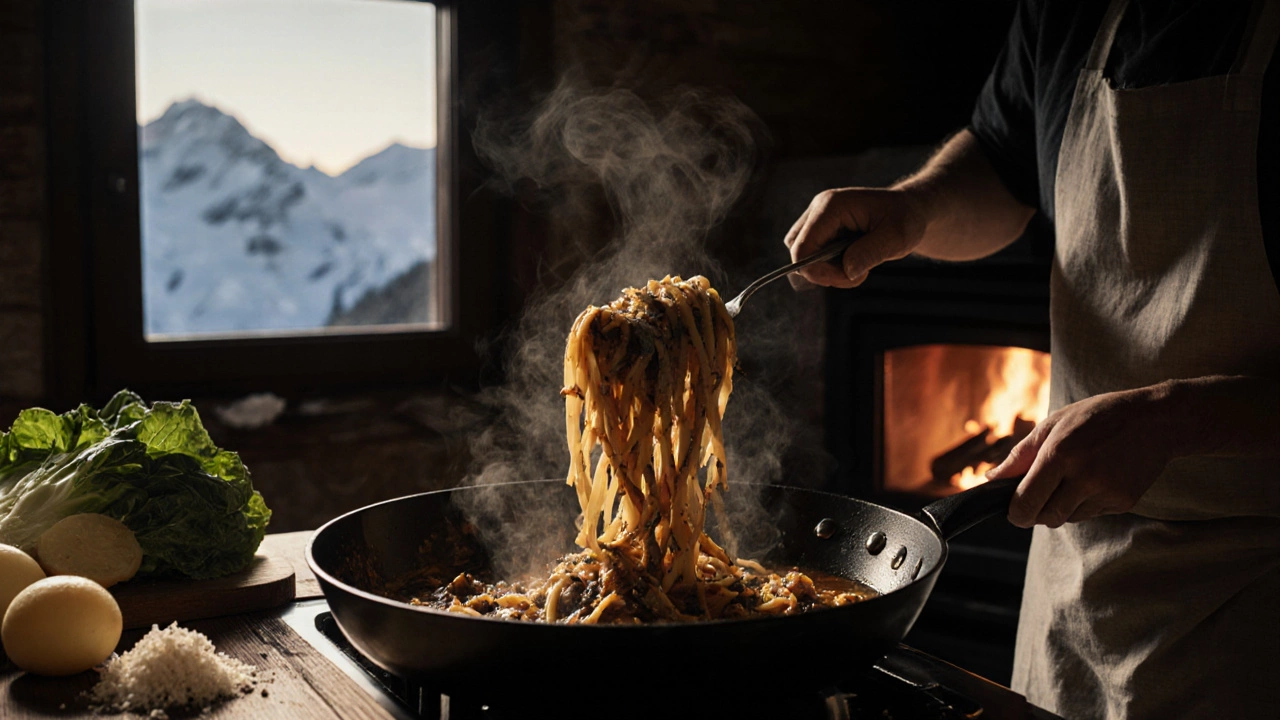 Chef tossing buckwheat pizzoccheri in butter‑sage sauce in a mountain kitchen.