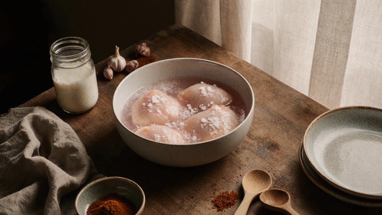 Chicken thighs soaking in brine with yogurt marinade and spices on kitchen counter