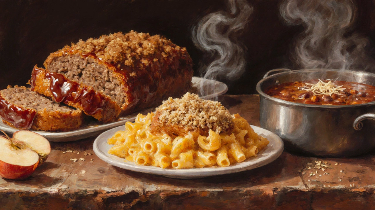 Close‑up of mac and cheese, fried chicken, meatloaf, apple pie slice, and chili on a rustic countertop.