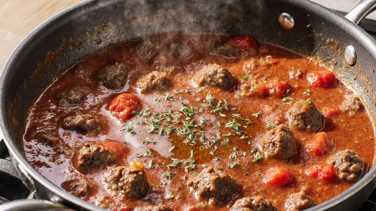 Close-up watercolor of Bolognese sauce with beef, tomatoes, and garlic.