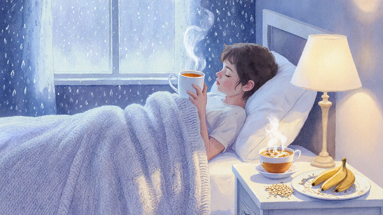 Cozy bedroom with a person in a blanket, bedside tea, soup, and oat bowl, rain outside.
