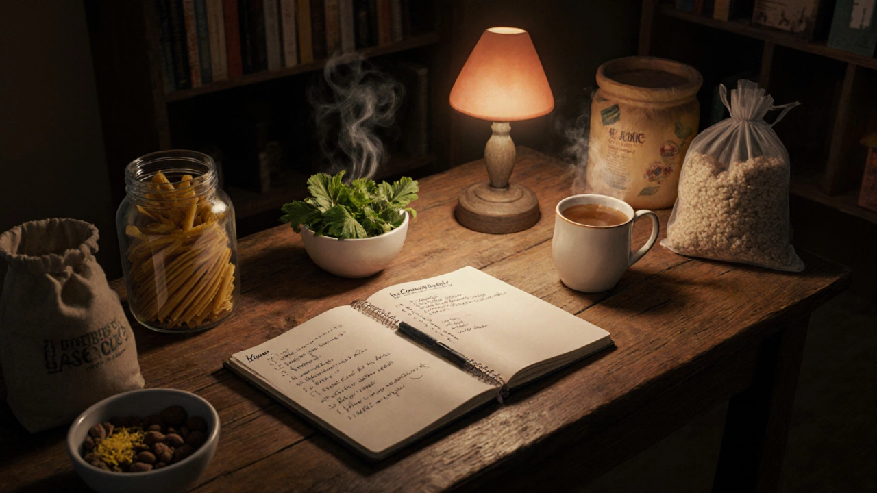 Cozy table with notebook of recipes, tea, herbs and pantry items.