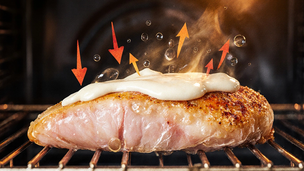 Cutaway view of mayo‑coated chicken showing oily film and golden crust under heat.