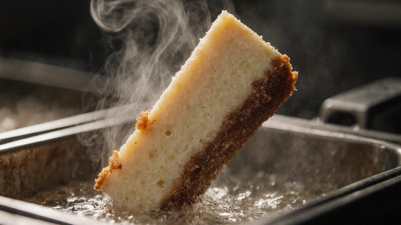 Deep‑fried cheesecake slice being lifted from hot oil with steam rising.
