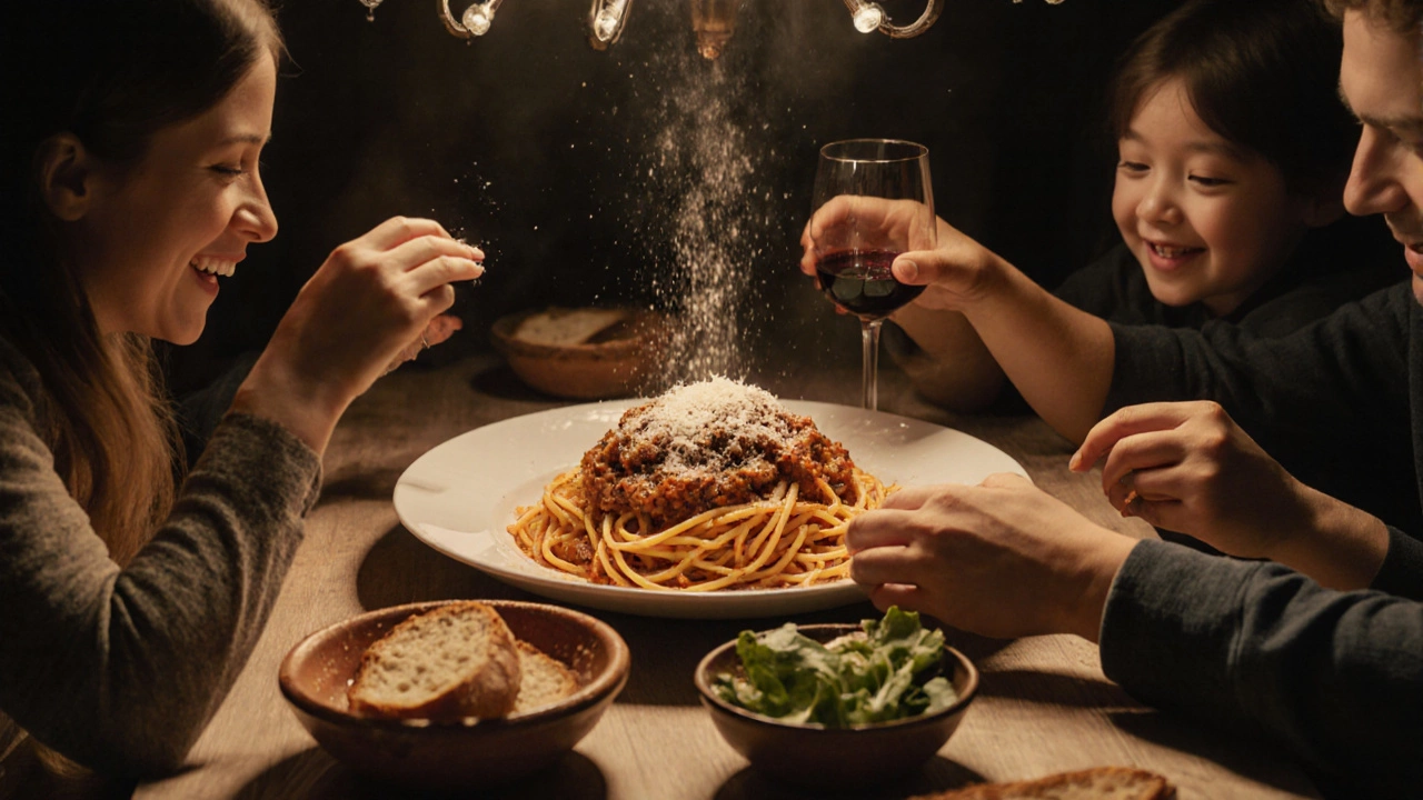 Dinner table with plated spaghetti Bolognese, Parmesan, and happy family.