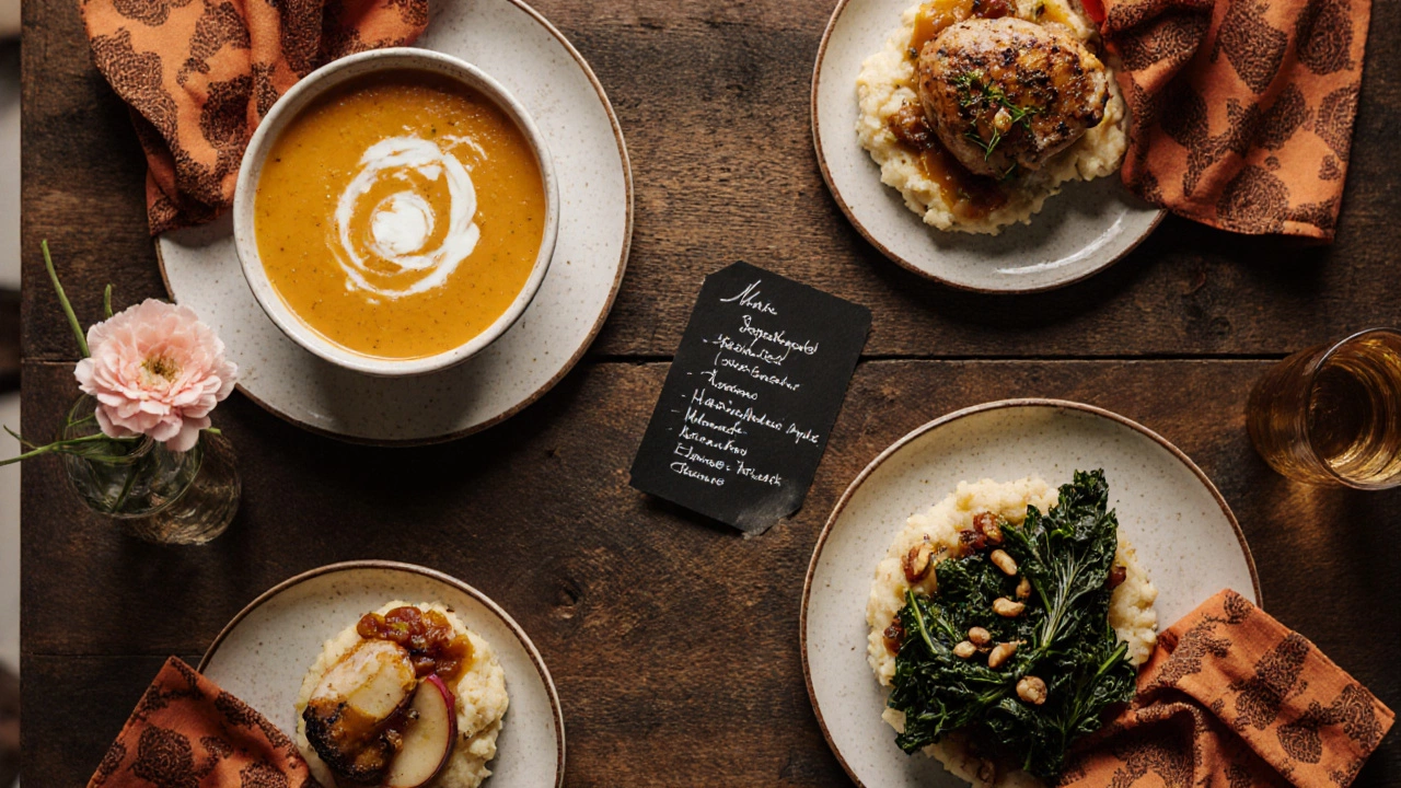 Elegant autumn table setting with cloth napkins, centerpiece, and plated seasonal dishes.
