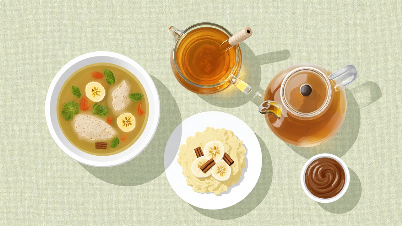 Five comfort foods displayed on pastel cloth: soup, tea, mashed potatoes, oatmeal, apple sauce.