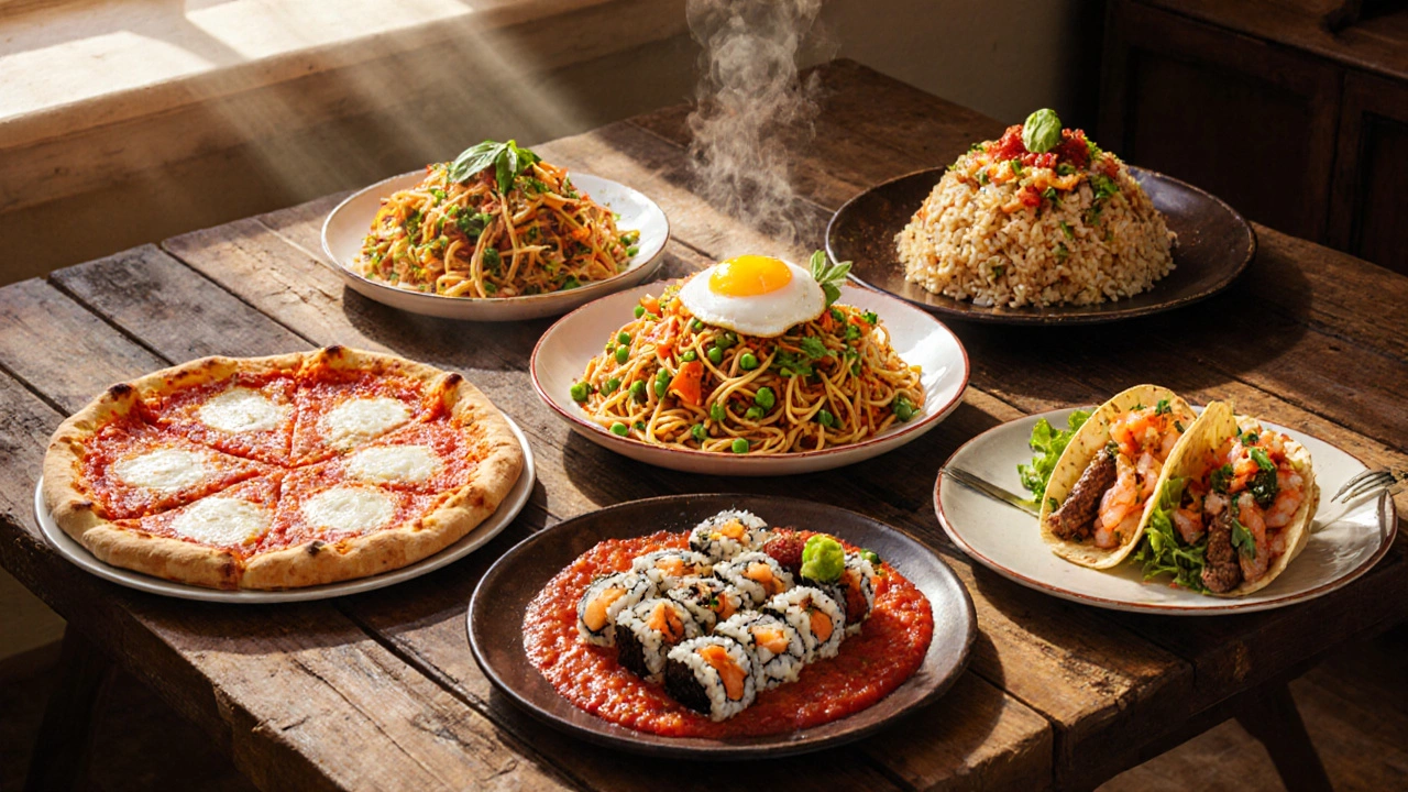 Five dinner dishes—pizza, fried rice, spaghetti, sushi, tacos—displayed on a table.