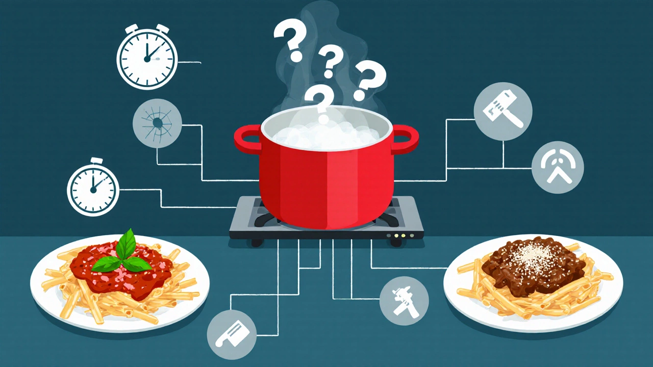 Flat‑design illustration of a sauce decision tree with two pasta plates, one with onion, one without.