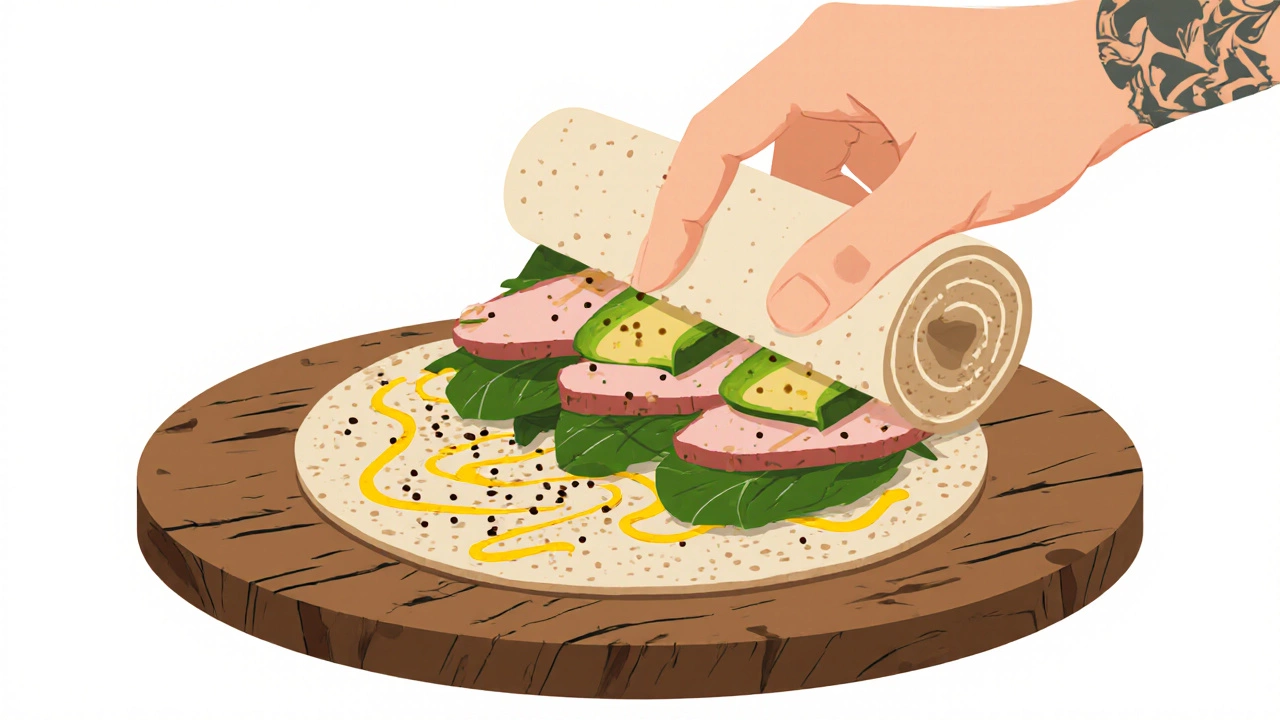 Flat illustration of a turkey and avocado wrap being assembled on a plate with mustard drizzle.