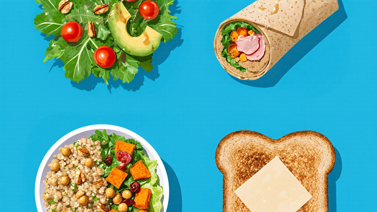 Flat‑lay of salad, wrap, grain bowl, and sandwich with fresh ingredients.