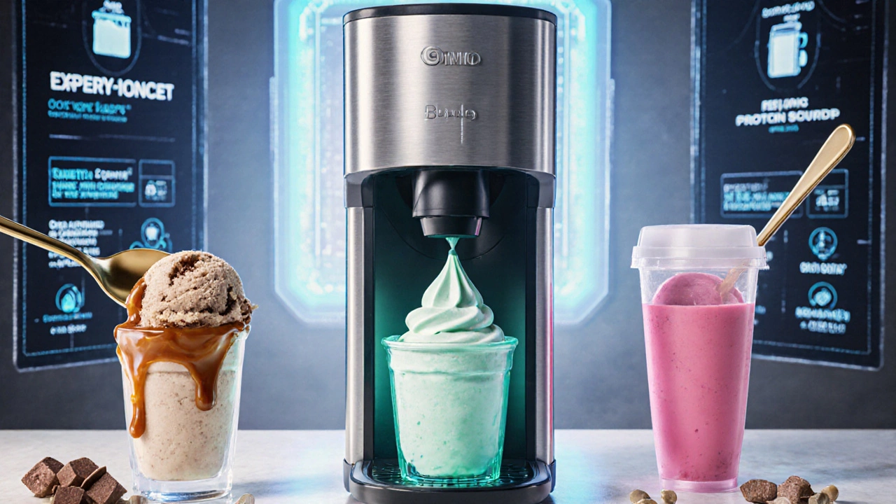 Futuristic kitchen with plant‑based, truffle‑caramel, and protein‑enhanced ice cream being prepared.