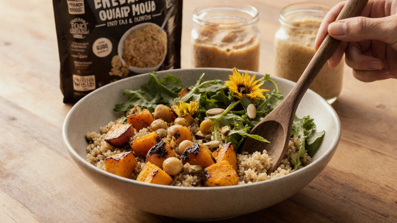 Gluten-free quinoa bowl with roasted veggies and seeds, accompanied by certified oats and hummus.