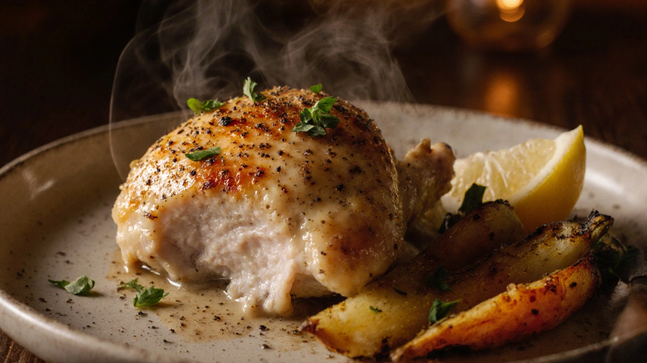 Golden‑brown mayo‑glazed chicken thigh served on a plate with herbs.