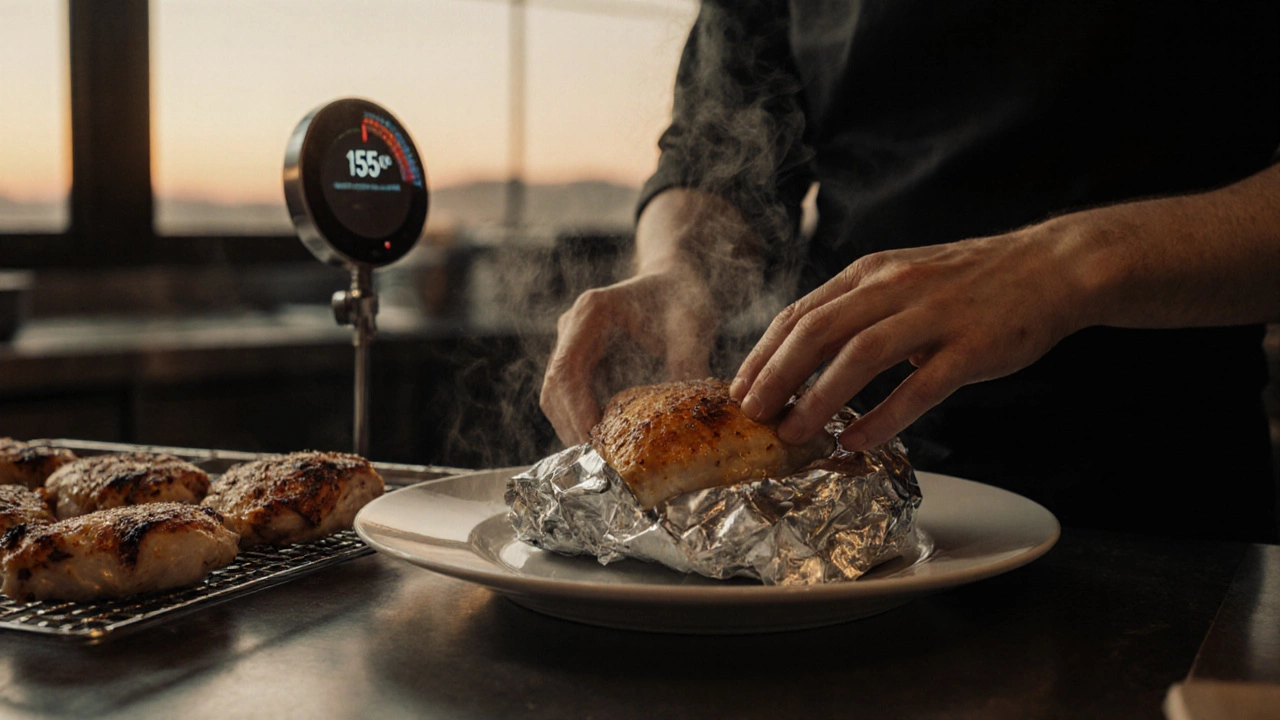 Golden chicken thigh resting on plate with foil, thermometer showing 155°F in background