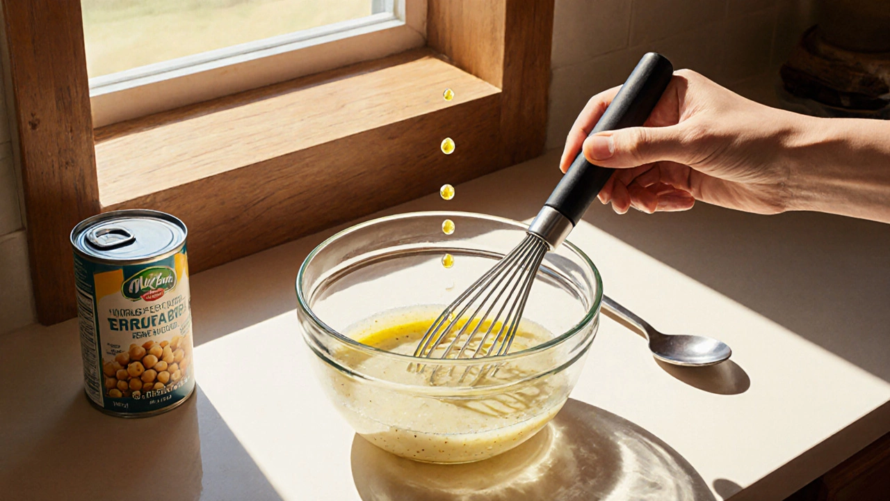 Hand whisking aquafaba to make homemade vegan mayo.