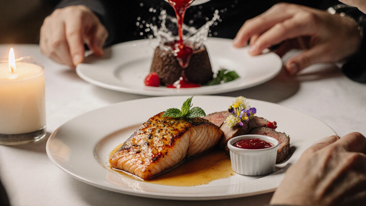 Honey‑glazed salmon and mini chocolate lava cake plated beautifully, with hands reaching for them.