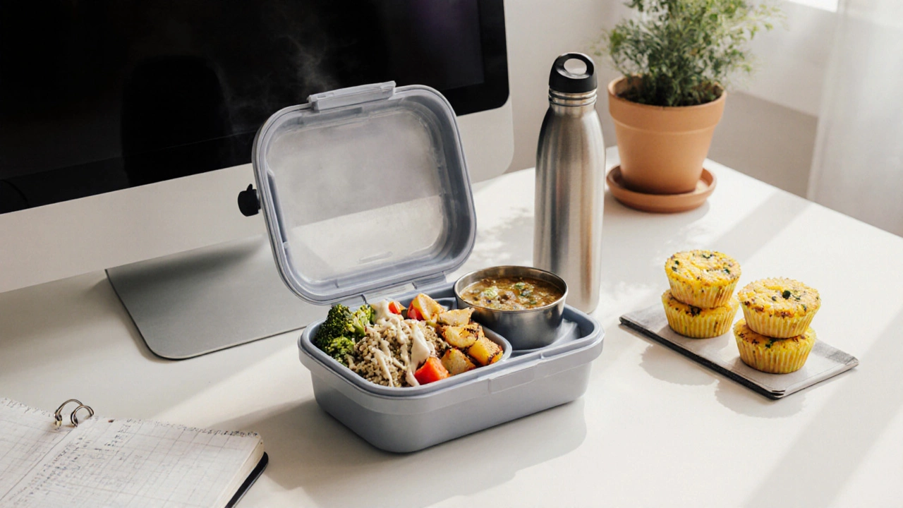 Office desk with a bento box containing a quinoa bowl, lentil soup thermos, and egg muffins.
