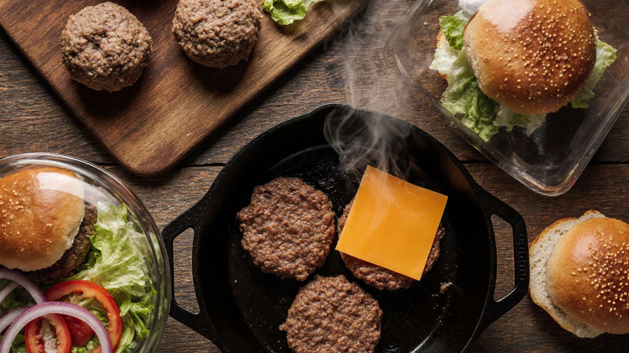 Overhead view of burger preparation steps: forming patties, cooking, melting cheese, toasting buns, assembling.