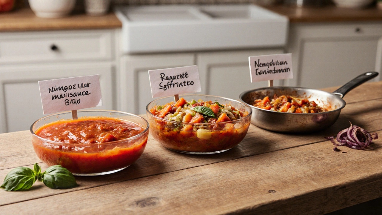 Photorealistic table showing marinara (no onion), ragù (with onion), and Neapolitan sauces.