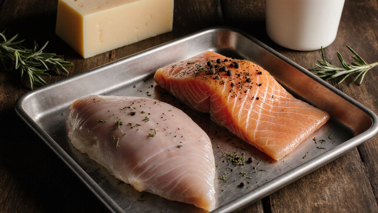 Plain chicken breast, salmon, cheese, and yogurt on a counter, showing unprocessed safe foods.