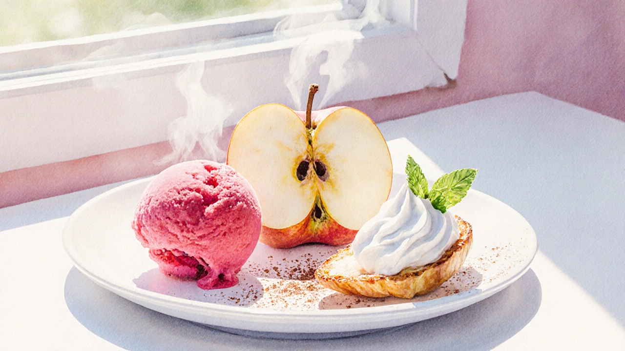 Raspberry sorbet, baked apple, and yogurt mousse on a bright plate.