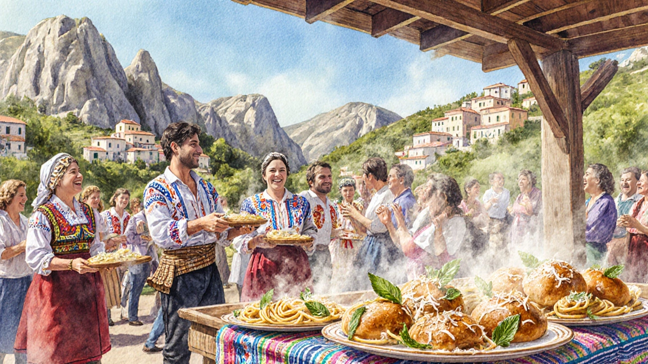 Sardinian festival stall serving Culurgiones to villagers in traditional dress.