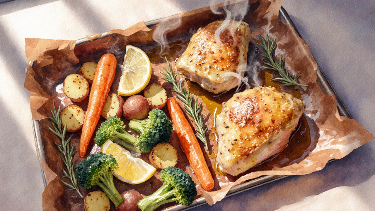 Sheet‑pan chicken, potatoes, carrots, broccoli, and lemon on a rustic tray.