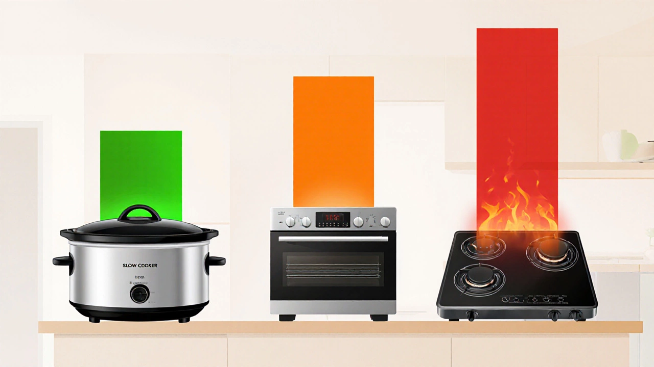 Side‑by‑side illustration of slow cooker, oven, and stovetop with energy bars.