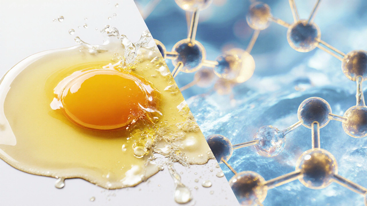 Split image showing egg separation vs plant-based emulsion.