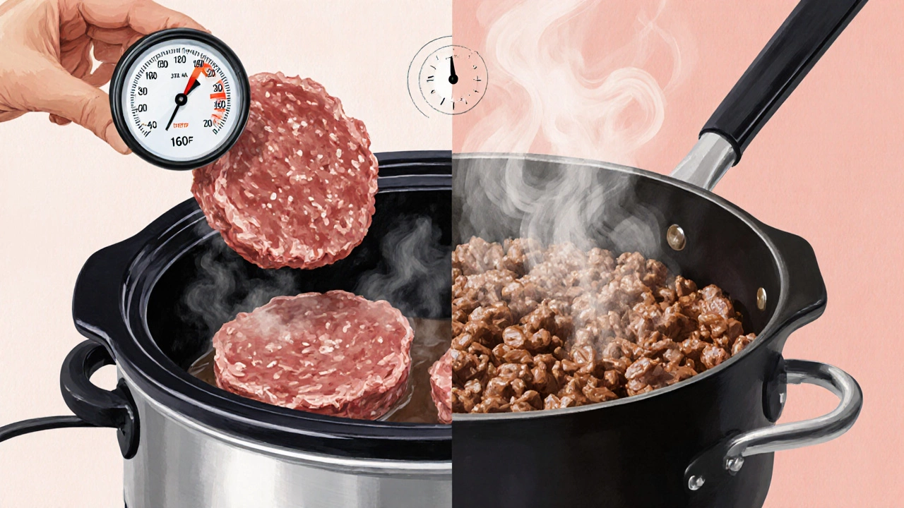 Split scene of raw hamburger in a slow cooker and pre‑cooked beef in a skillet with a temperature gauge.