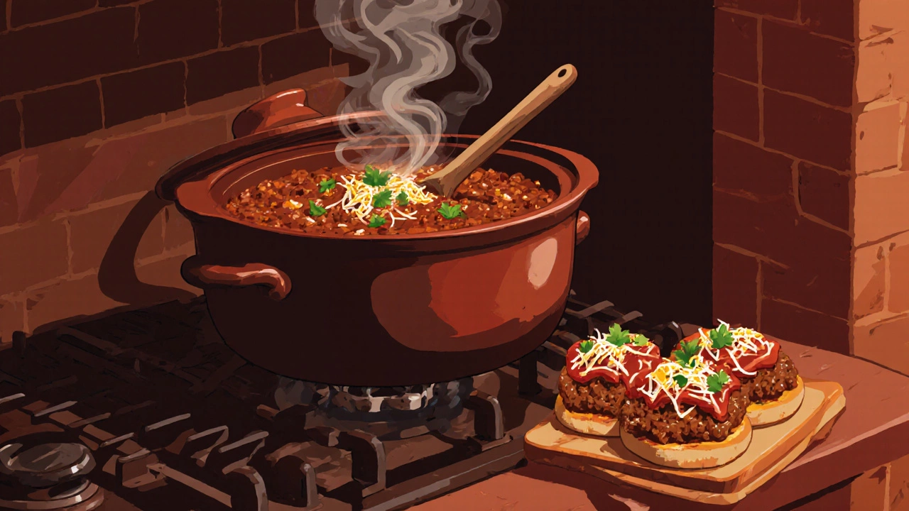 Steaming slow cooker filled with chili beside a plate of sloppy joe‑topped buns.