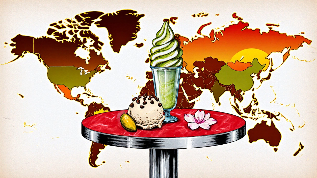 Stylized world map collage showing vanilla scoop, pistachio gelato, and green‑tea ice cream representing regional favorites.