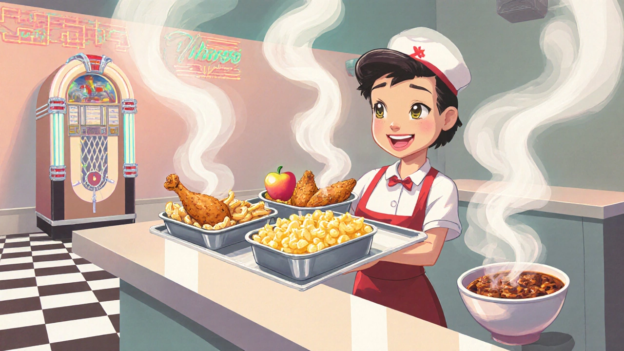 Vintage diner scene with a server serving mac and cheese, fried chicken, apple pie, and chili.