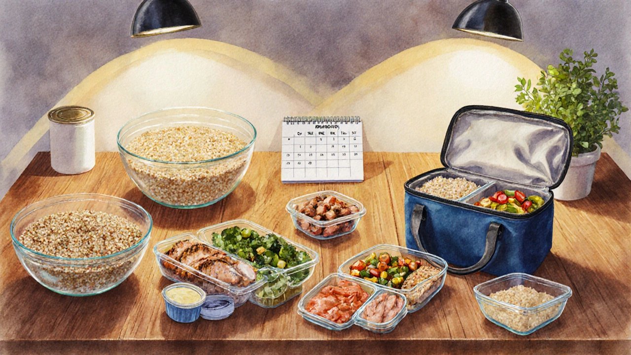 Watercolor kitchen prep scene with grains, veggies, proteins, and an empty lunch bag.