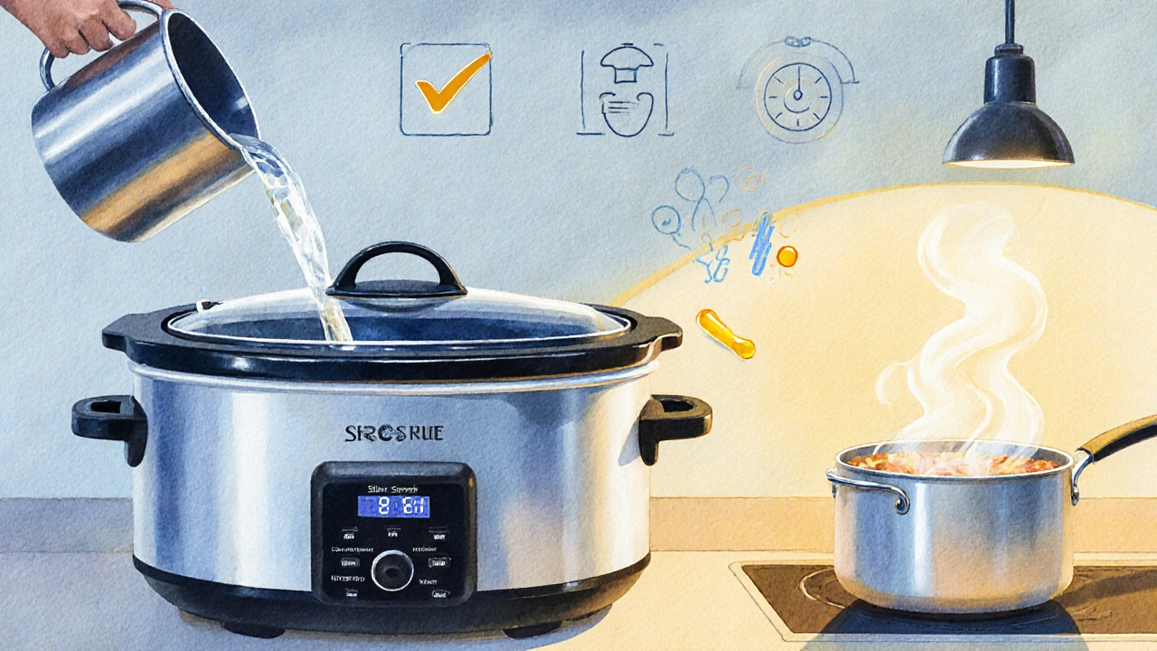 Watercolor kitchen scene showing slow cooker with lid sealed and pre‑heated water.