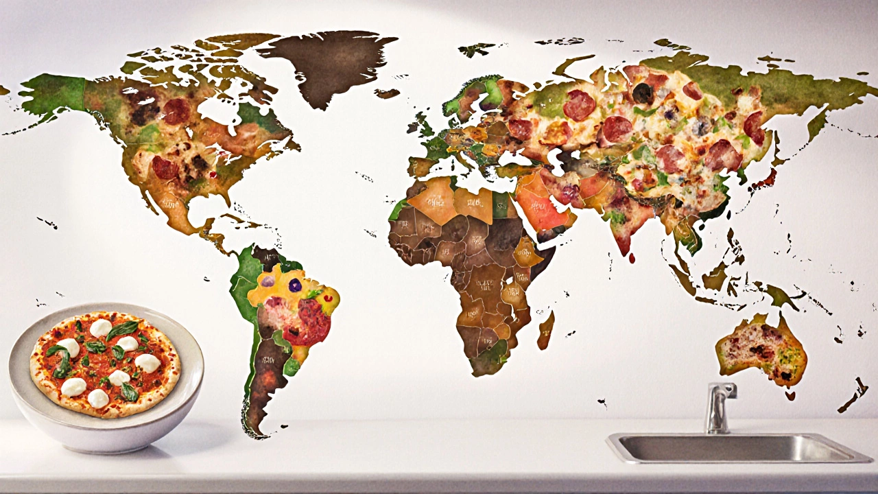 World map on a kitchen counter showing regional food variations.