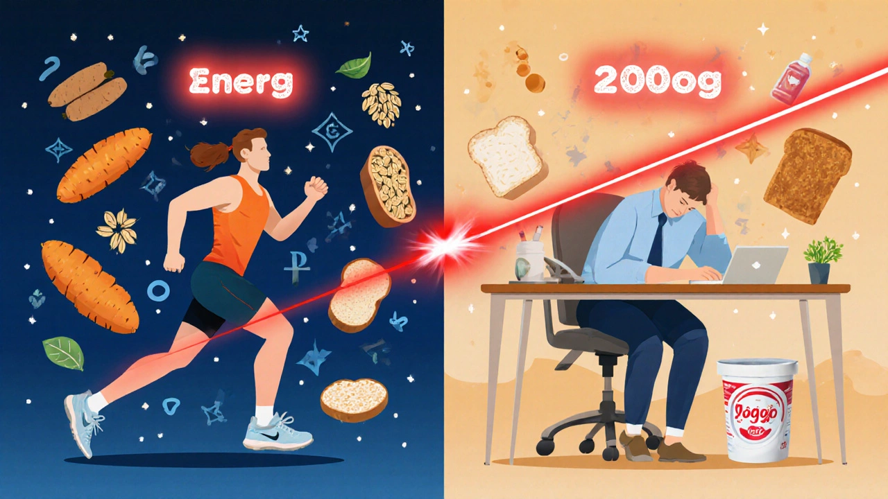 Athlete and sedentary person with contrasting carb sources and energy levels