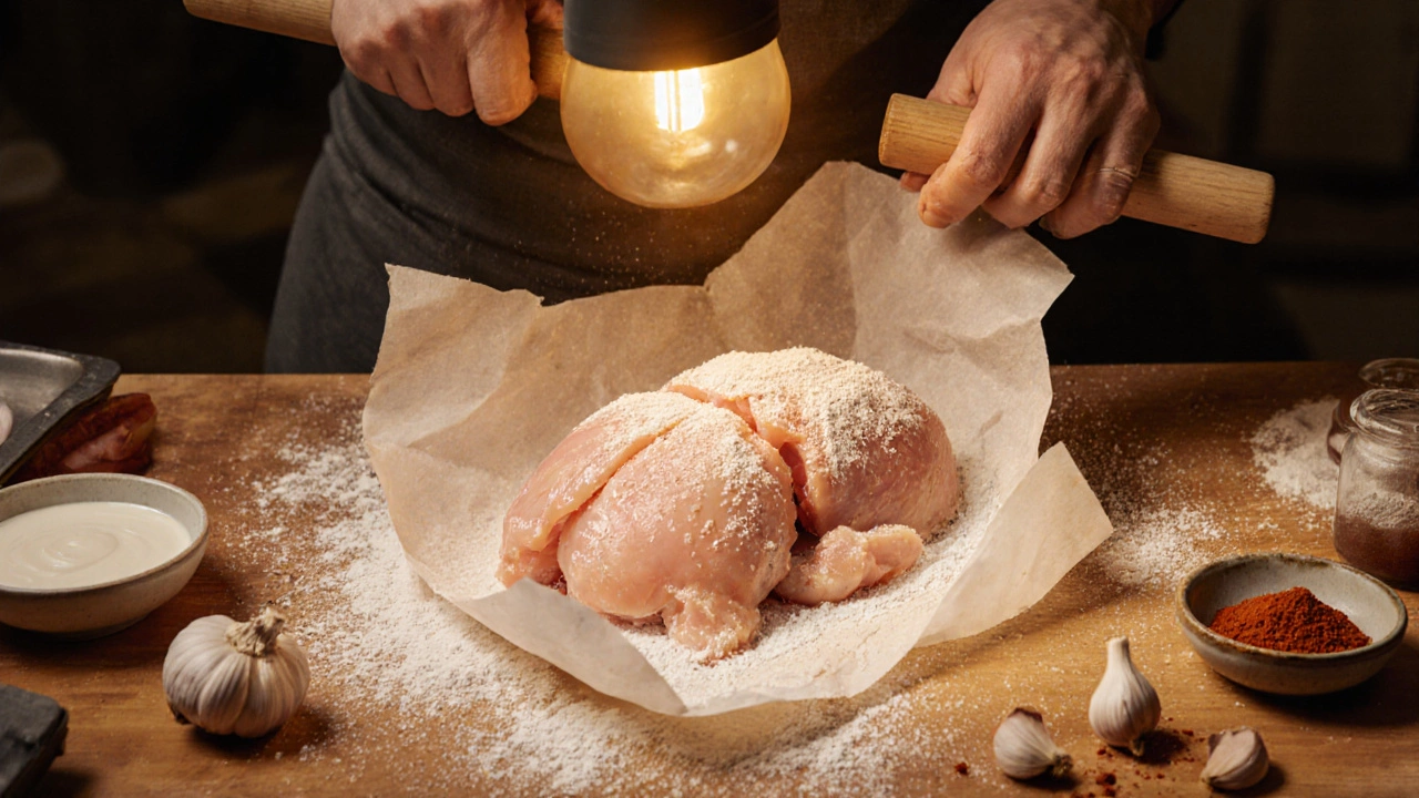 Chef pounding chicken breast between parchment paper with a rolling pin.