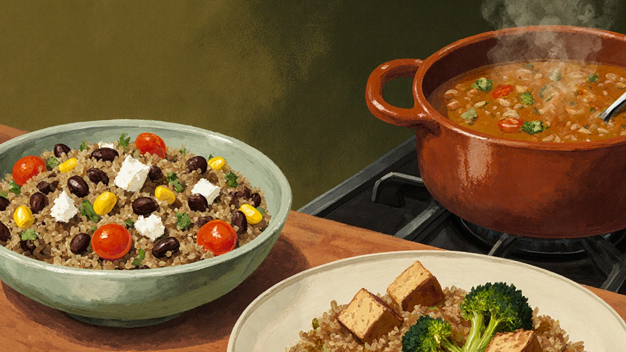 Colorful quinoa salad with black beans and tofu stir-fry beside lentil soup on a stove.