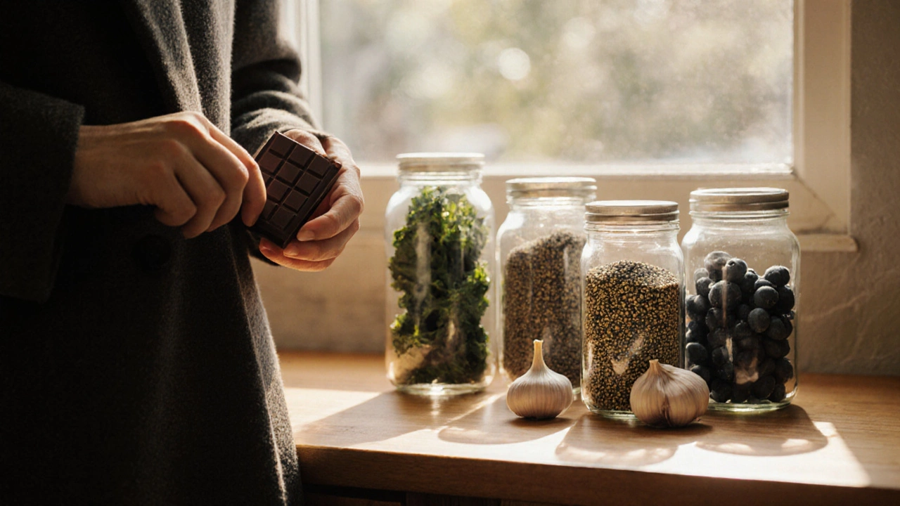 Dark chocolate being stored in a coat pocket with superfood jars visible in the background.