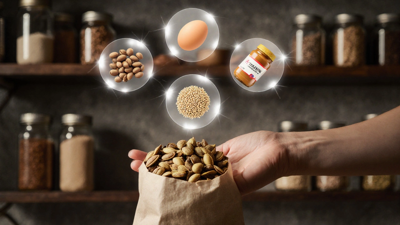Hand reaching for pumpkin seeds with floating icons of plant-based protein sources.
