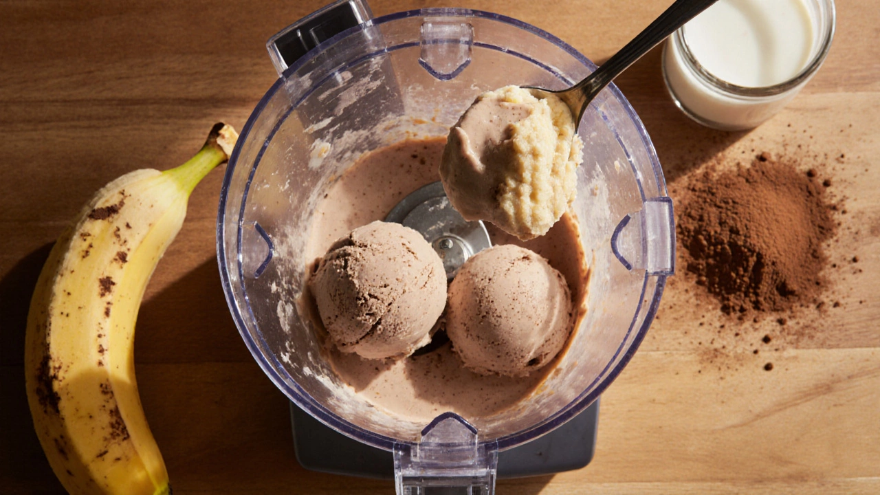 Homemade banana ice cream being blended in a food processor with cocoa powder.