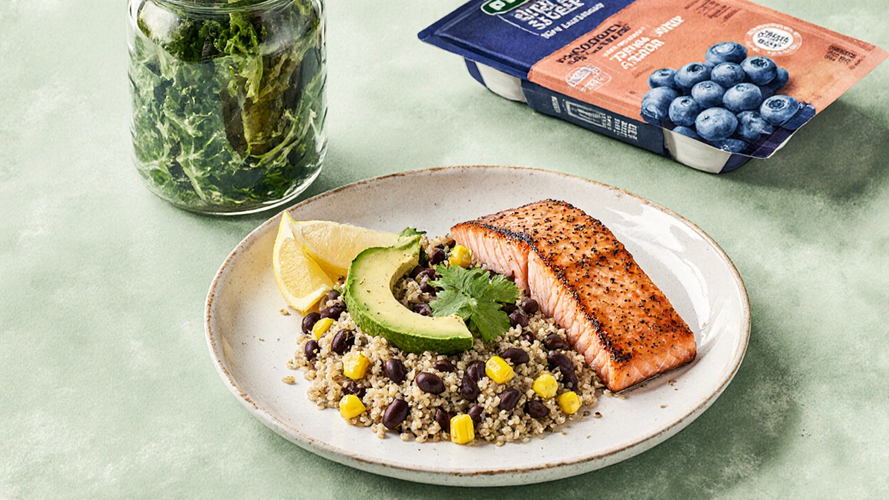 Nutritious meal bowl with quinoa, black beans, avocado, and crispy salmon fillet beside kale and frozen berries.