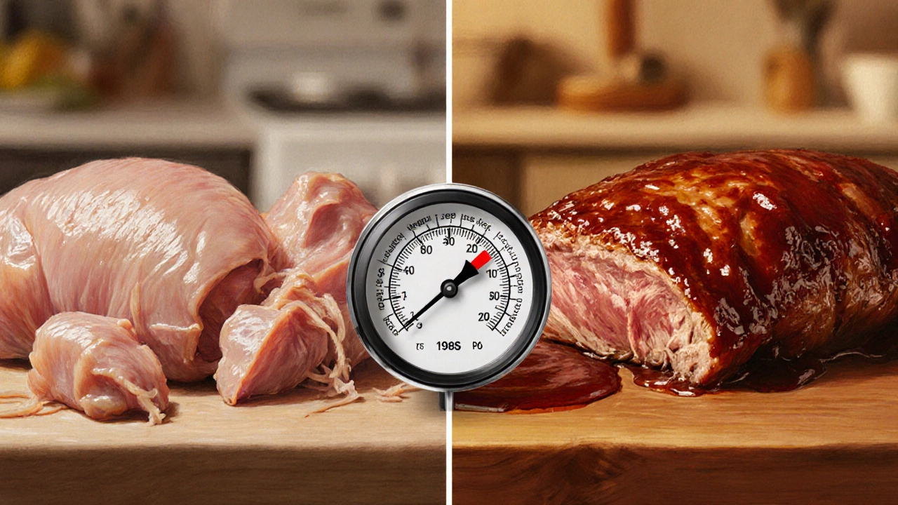 Side-by-side comparison of dry undercooked chicken and tender slow-cooked pork shoulder.