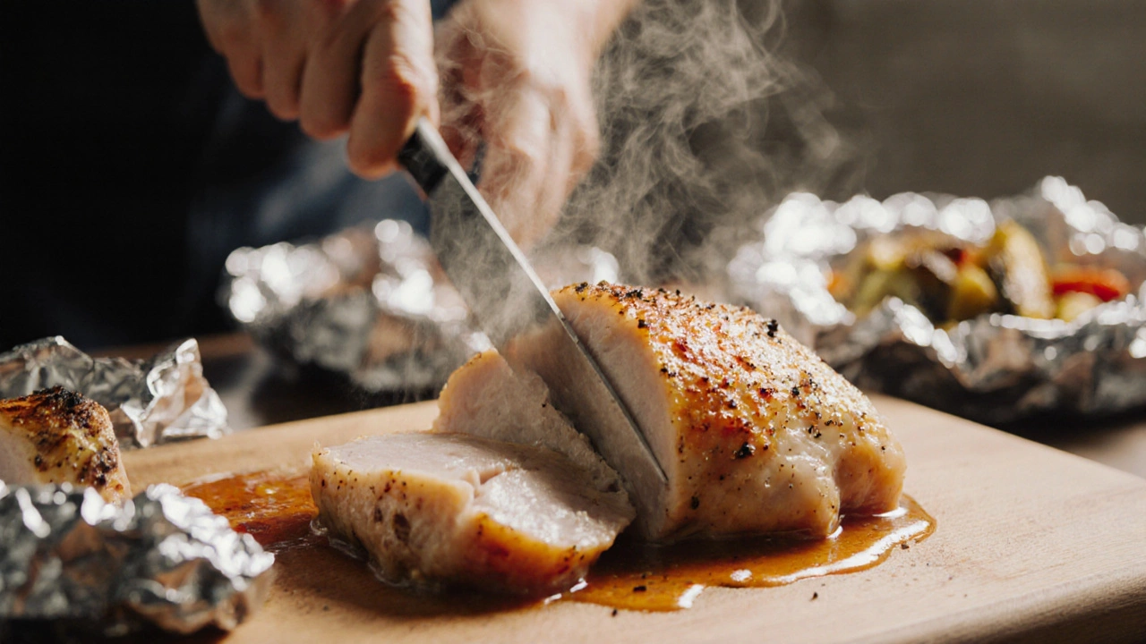 Sliced tender chicken breast releasing juicy fluids on a wooden board.