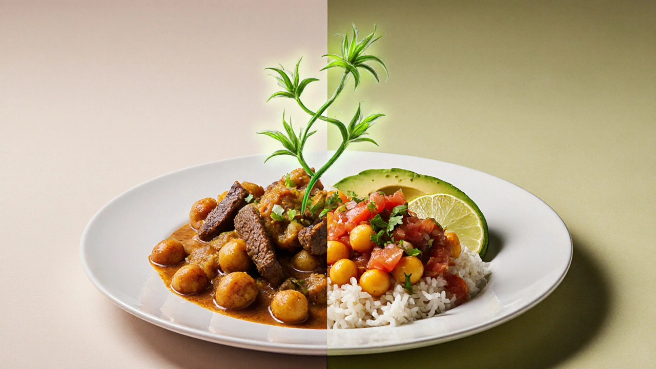 Split image showing meat dish transforming into vibrant vegan chickpea curry with avocado and lime.