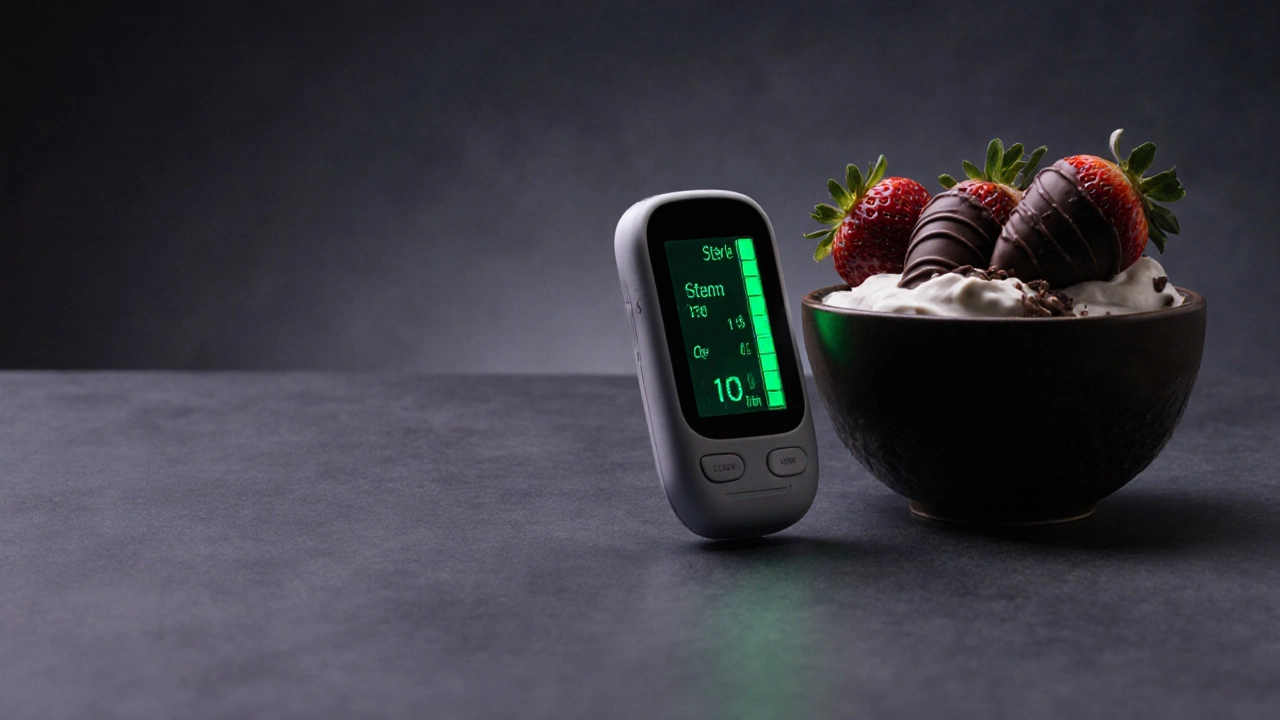 Stable blood sugar symbolized by monitor beside diabetic-friendly dessert.