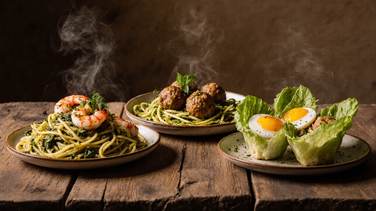 Three low-carb meals: spaghetti squash, zucchini noodles, and avocado egg salad